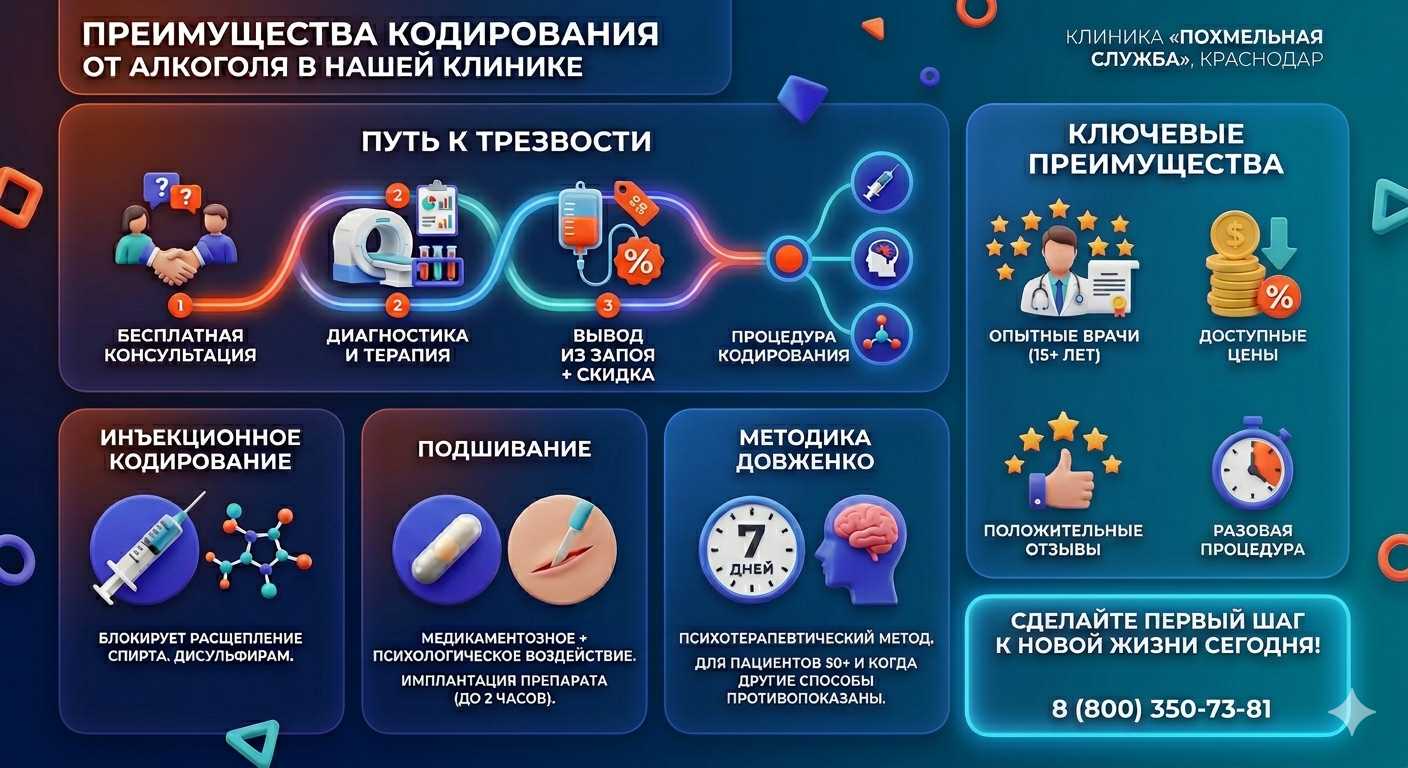 Инфографика о методах кодирования от алкоголя в Залукокоаже: инъекции, подшивание, метод Довженко. Преимущества клиники и этапы лечения.
