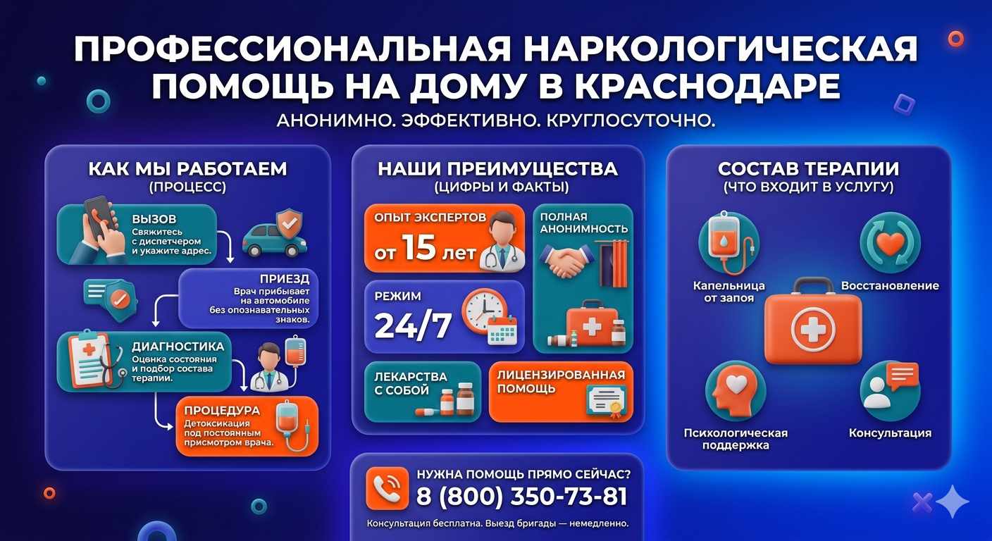Инфографика о принципах лечения алкоголизма на дому в Залукокоаже: этапы вызова нарколога, преимущества анонимной детоксикации и состав медицинской помощи.